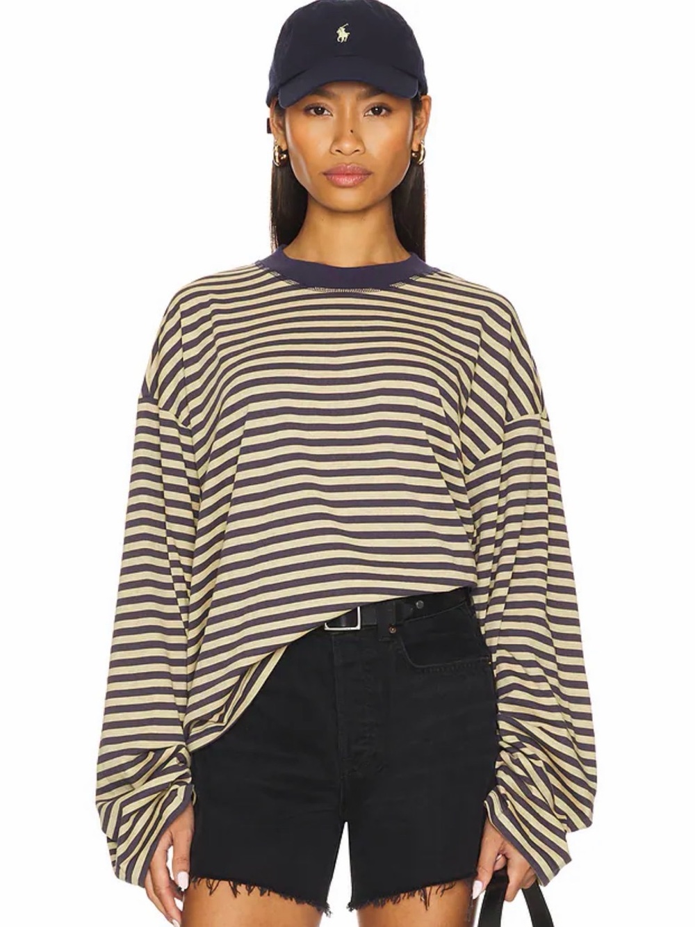 Lioness Striped Long-Sleeve Crew in Navy and Beige